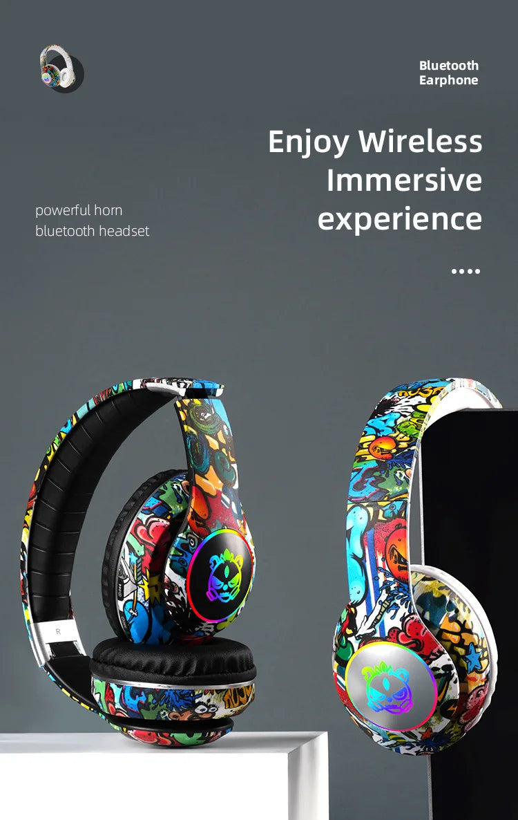 New Graffiti Wireless Overhead Headset with Mic LED Light LX-8686 High Quality TF Card Bluetooth Headphones for PC Gaming Child