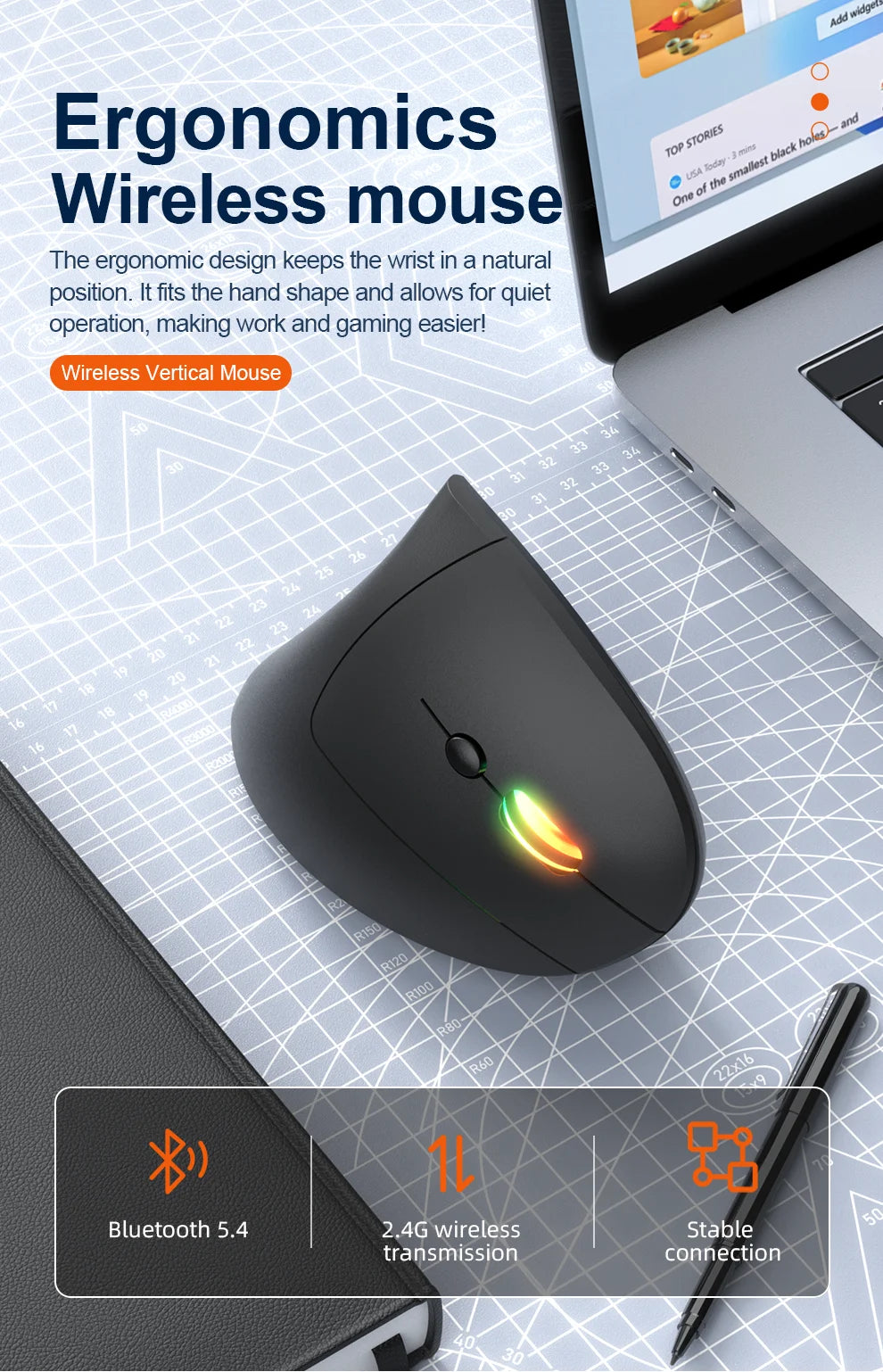 2.4G Bluetooth Wireless Vertical Mouse Rechargeable Ergonomic 1600DPI Adjustable Gaming Mouse 6Buttons for Laptop PC Computer