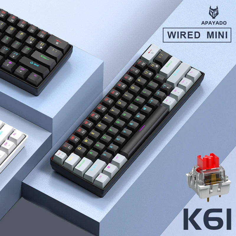 APAYADO K61 Mini 60% Gaming Keyboard 61-Key, Wired, Portable, RGB Lighting, Red/Blue Switch, Black/White/Red Colors
