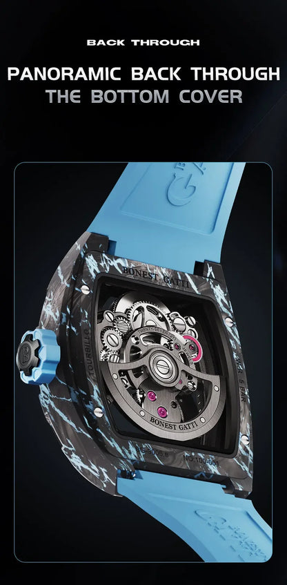 BONEST GATTI Men Automatic Mechanical Watch Skeleton Dial Sapphire Crystal Fluororubber Strap Waterproof Luminous Business watch