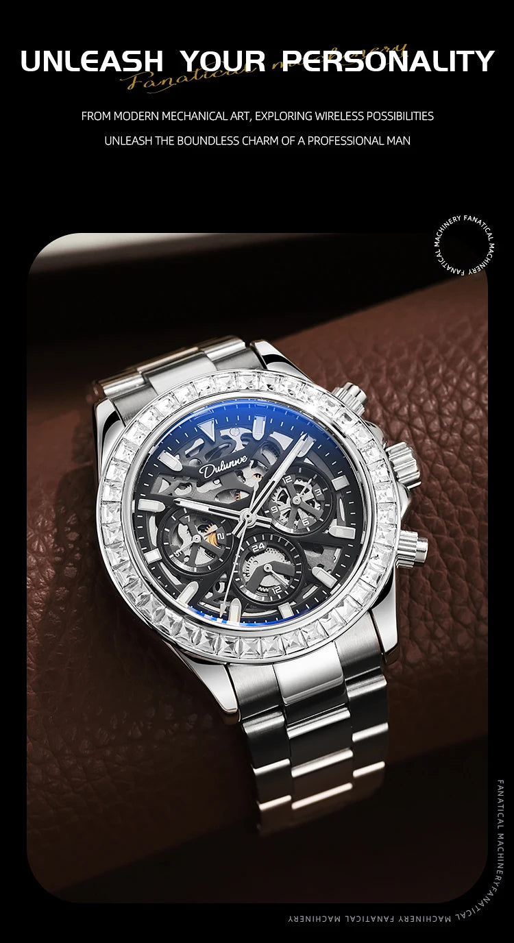 Diamond Bezel Stainless Steel Automatic Watch Fashion Mulitfunction Waterproof Luminous Mechanical Watches for Men