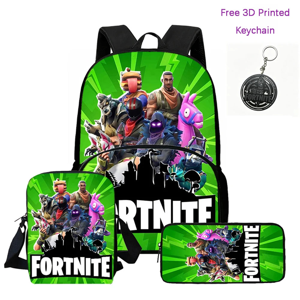 FORTNITE 3-Piece Lightweight Backpack Set with Front Pocket, Crossbody Bag & Pencil Case for Ages 5-10 Boys and Girls, Includes Free 3D Printed Keychain