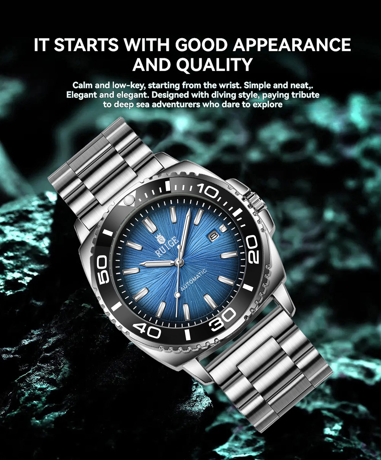 RUIGE Fashion Men's Fully Automatic Mechanical Watch Stainless Steel Calendar Men's Night Light Waterproof Versatile Watch