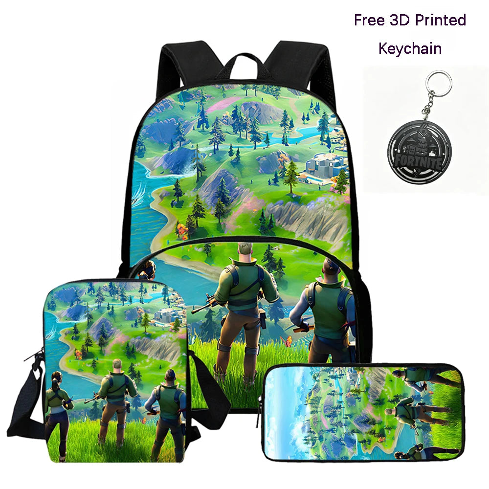 FORTNITE 3Pcs Lightweight Backpack With Front Pocket,Crossbody Bag&Pencil Case For Age 6-10 Boys Girls,Free 3D Printed Keychain