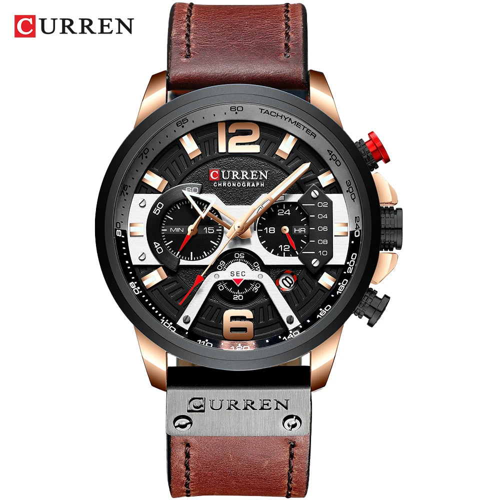 Relógio para homem CURREN 8329 – Estilo desportivo descontraído, design militar, bracelete em pele, cronógrafo na moda, relógio de luxo de grande marca