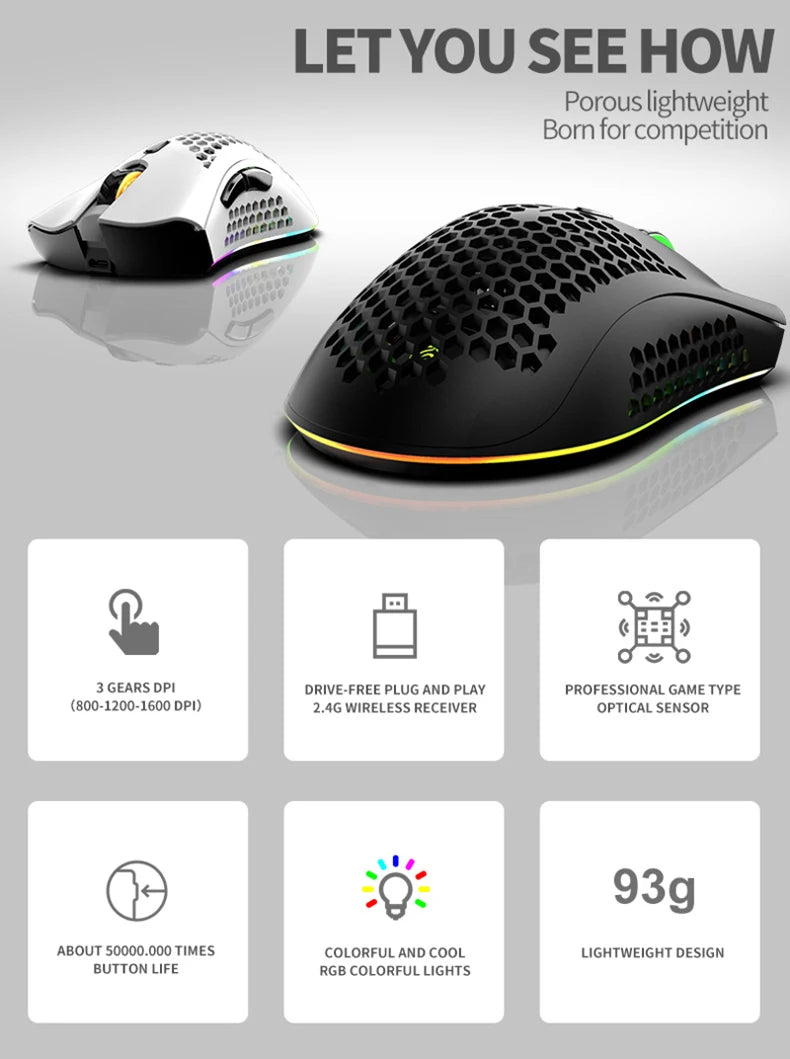 BM600 Rechargeable USB 2.4G Wireless RGB Light Honeycomb Gaming Mouse Desktop PC Computers Notebook Laptop Mice Mause Gamer