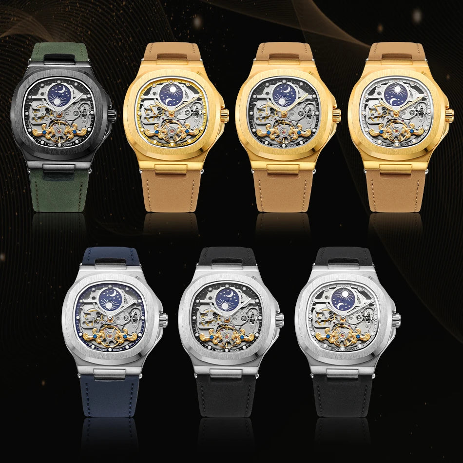2025High-end Luxury SKROX Square Man Watch Sapphire Tourbillon Steel Skeleton Moon Phase Automatic Movement Leather Male Watches