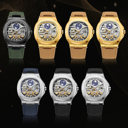 2025High-end Luxury SKROX Square Man Watch Sapphire Tourbillon Steel Skeleton Moon Phase Automatic Movement Leather Male Watches