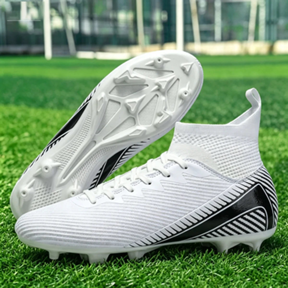 Chaussures de football pour adultes débutants AG FG, tige extensible en PU, coussin en TPU, crampons longs antidérapants, durables, pour entraînement sur gazon, niveau d'entrée