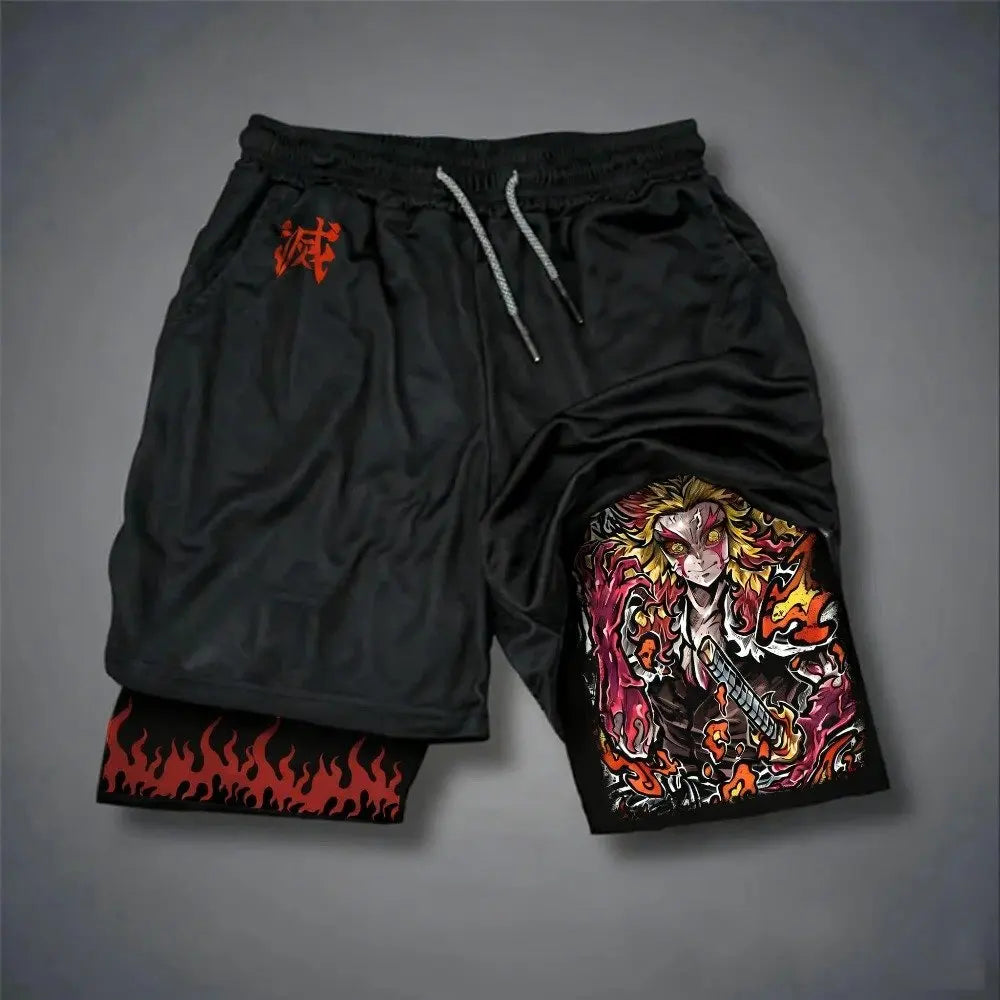 Pantaloncini da palestra da uomo Anime Demon Slayer ad asciugatura rapida, pantaloncini doppio strato 2 in 1, sportswear Y2K estate 2026, streetwear traspirante