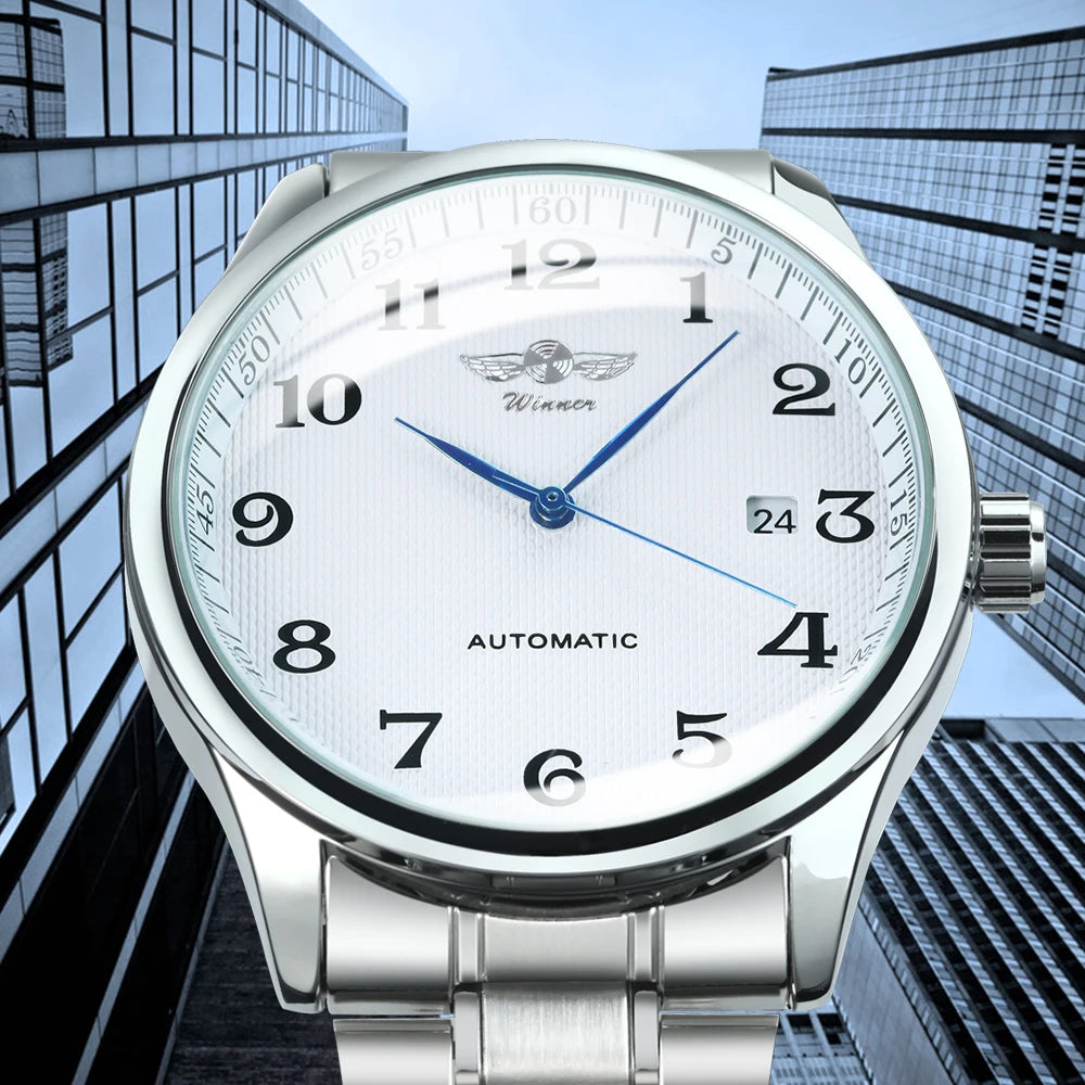 WINNER herreur – Klassisk, retro og elegant stil – Mekanisk automatisk ur med kalender – Luksusmærke, stålurkasse og læderrem