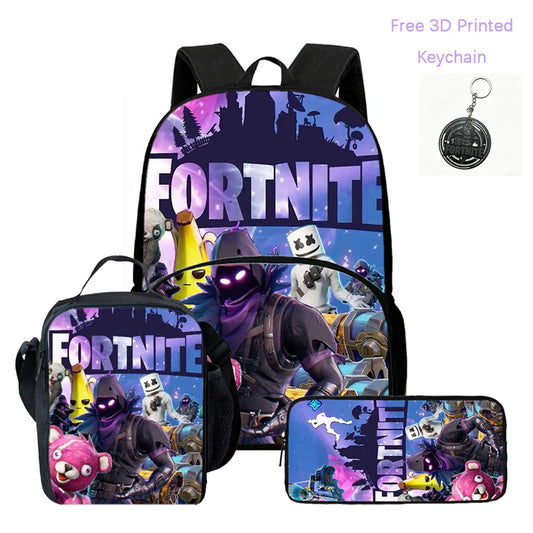 Lightweight FORTNITE 3Pcs Backpack With Front Pocket Lunch Bag Pencil Bag Free 3D Printed Keychain For Boys Girls Kids Aged 5-10