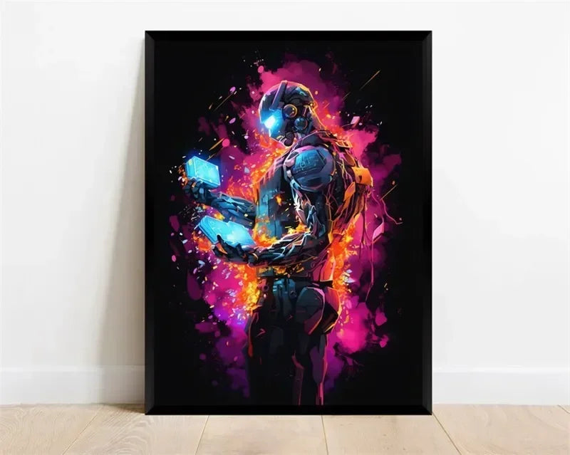 Pop-Neon-Poster mit Videospiel-Charakter, Gamepad, Kopfhörern, Fußball und Basketball – Leinwanddruck, Wandkunst-Dekor für das Gaming-Zimmer