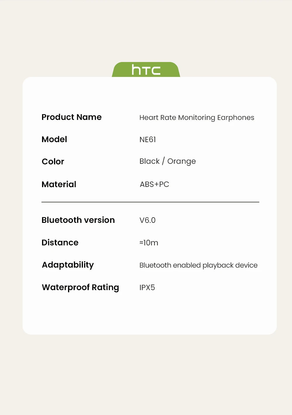 HTC NE61 Bluetooth Earphones Noise Reduction Sports Wireless Headphones AI Translator Heart Rate Monitor Earbuds