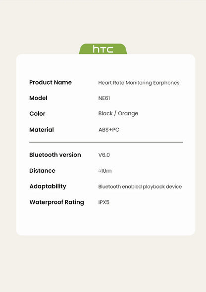 HTC NE61 Bluetooth Earphones Noise Reduction Sports Wireless Headphones AI Translator Heart Rate Monitor Earbuds