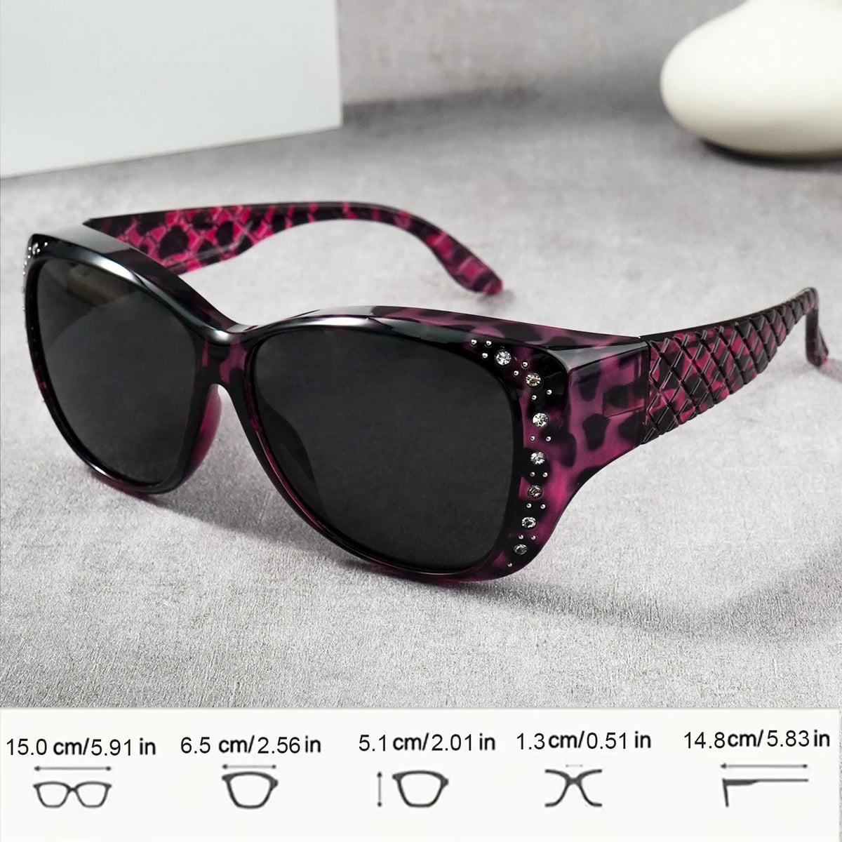 Sunglasögon med strass som passar över vanliga glasögon – Modesolglasögon som passar över – Glittrande, överdimensionerade, leopardmönstrade, fyrkantiga glasögon
