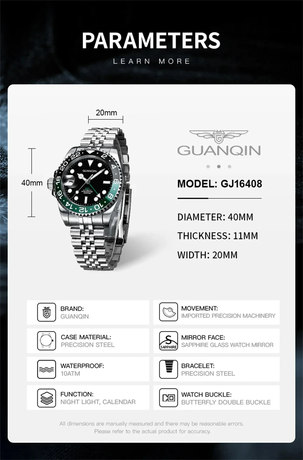 Orologio da uomo GUANQIN GMT 2025, nuovo orologio automatico da uomo NH34, meccanico da polso, vetro zaffiro, acciaio inox, per mancini