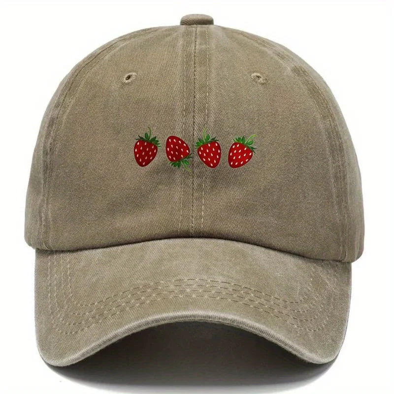 Cappellino da baseball con stampa a fragole e visiera regolabile, cappellino alla moda con visiera a becco d’anatra per uomo e donna, design con parte superiore morbida