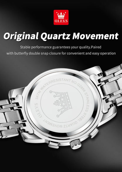 OLEVS Men's Watches Classic Multifunctional Flywheel Chronograph Original Quartz Wristwatch Moon Phase 24 Hour Waterproof Watch