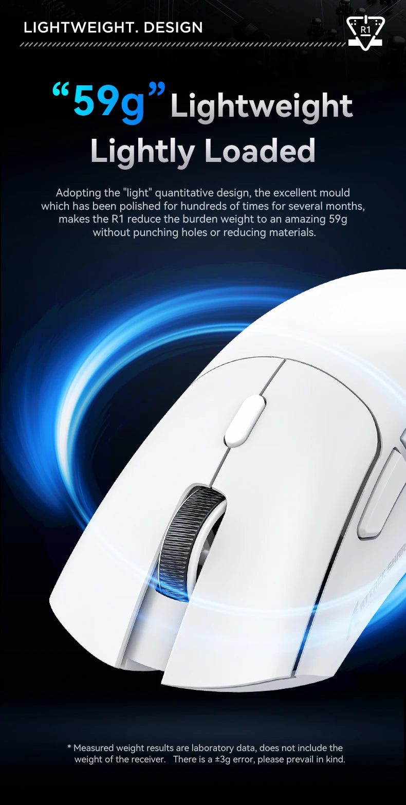 Attack Shark R1 Tri-Mode 2.4g-BT-Wired, PAW3311 18000DPI, 59g  Lightweight Gaming Mouse