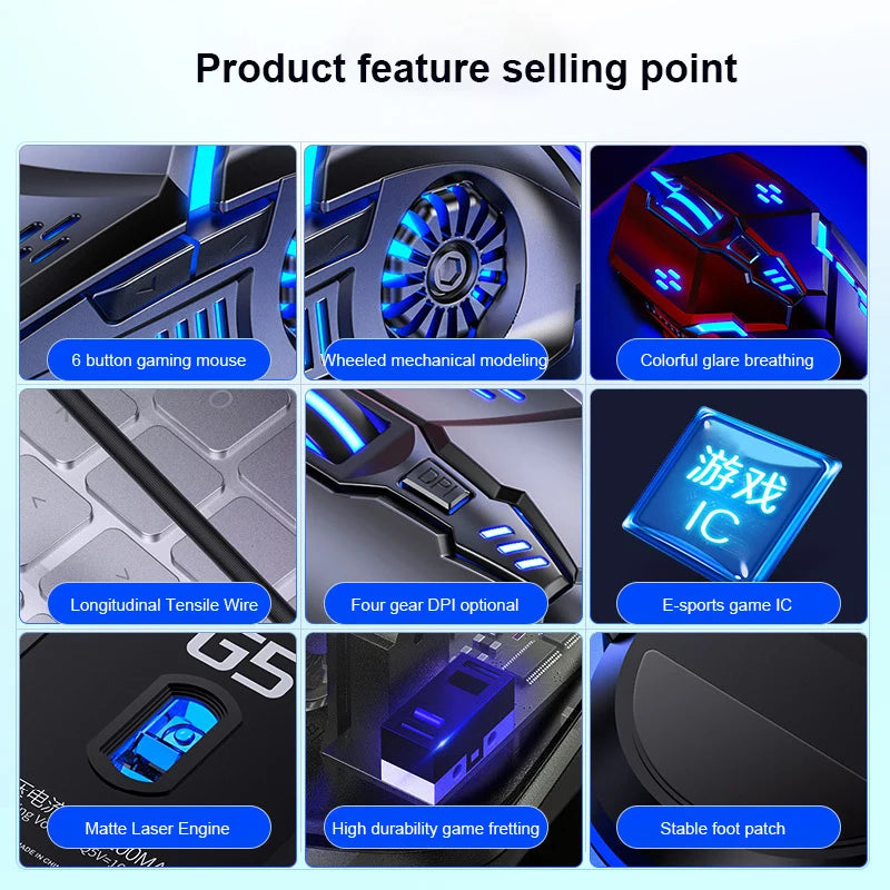G5 Wired Gaming Mouse Colorful Backlight 6 Button Silent Mouse 4-Speed 3200 DPI RGB Gaming Mouse  For Computer Laptop Mice