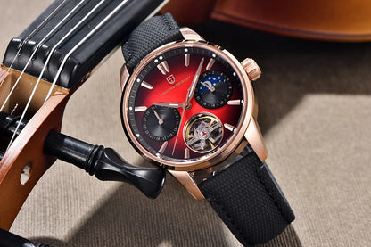 PAGANI DESIGN – Montre mécanique de luxe pour homme, 41 mm, verre saphir, bracelet en cuir, étanche, style pilote, avec tourbillon et phase de lune