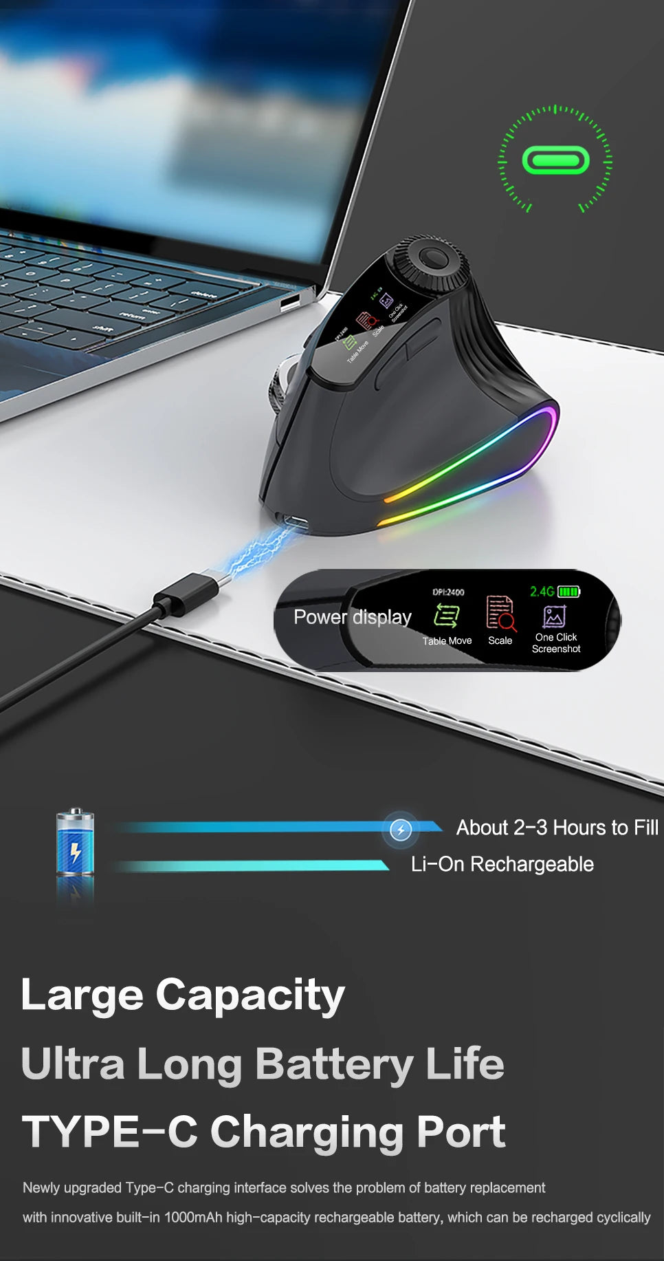 Backlit Wireless Ergonomic Mouse with Smart Flying Scroll,Function Adjustment Knob,Bluetooth&2.4G Rechargeable Gaming Mouse