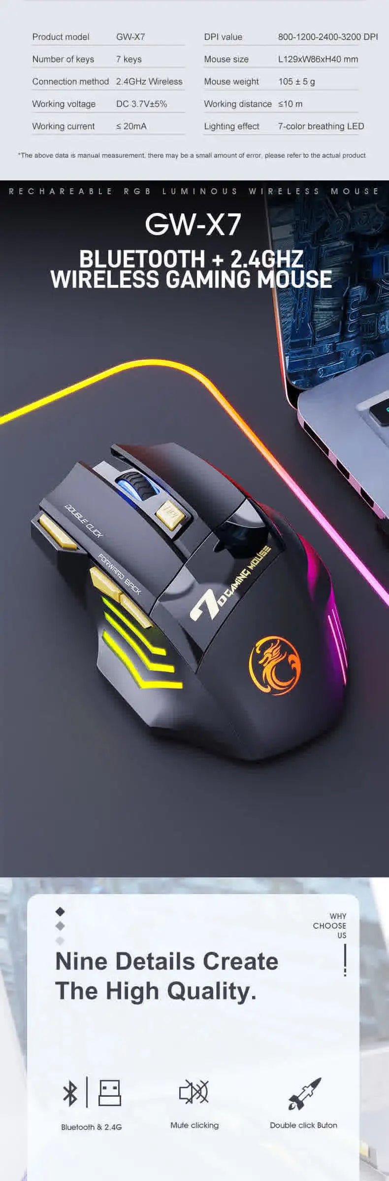 Wireless Mouse Bluetooth Wireless Mouse Rechargeable Computer Mouse Gamer Ergonomic Gaming Mause RGB Backlit Silent Mice For PC