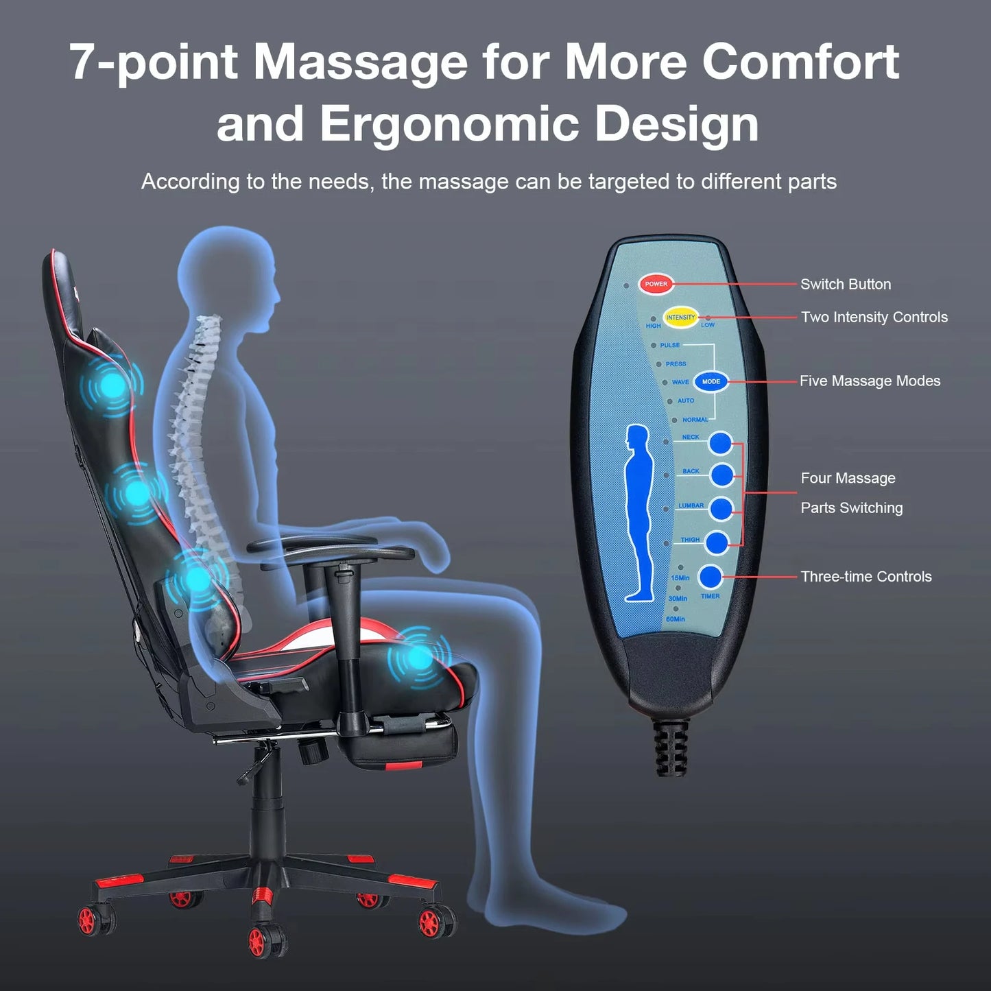 Massage Gaming Chair 7-Point Adjustable Seat Height Ergonomic Office Chair with Footrest and Lumbar Support GC-RC03 Chairs