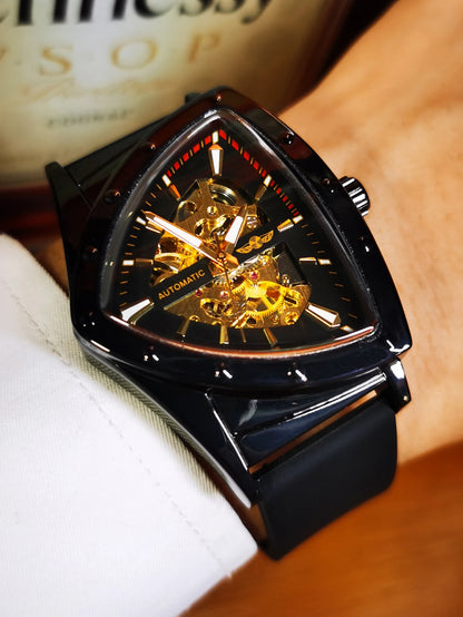 Relógio automático para homem WINNER, design esqueleto triangular, ponteiros luminescentes, bracelete em borracha, estilo militar, relógio mecânico de luxo