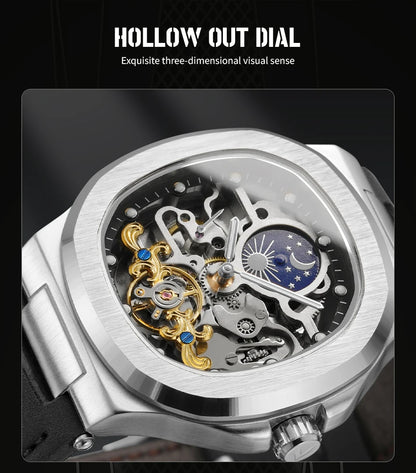 2025High-end Luxury SKROX Square Man Watch Sapphire Tourbillon Steel Skeleton Moon Phase Automatic Movement Leather Male Watches