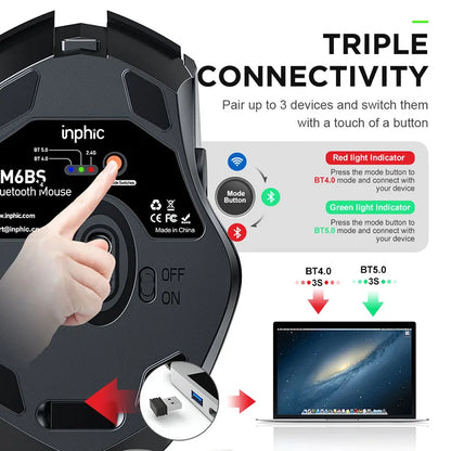 INPHIC PM6BS, 3 Modes Bluetooth 5.0&4.0 Wireless 2.4G Rechargeable Wireless Mouse with 6 Buttons, Ergonomic for Laptop, Mac, PC