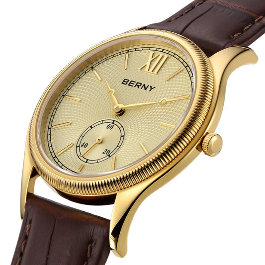 BERNY Luxury Watches for Men Classic Elegance Slim Dress Gold Quartz Men's Watch Leather Strap Fashion Business Wristwatch
