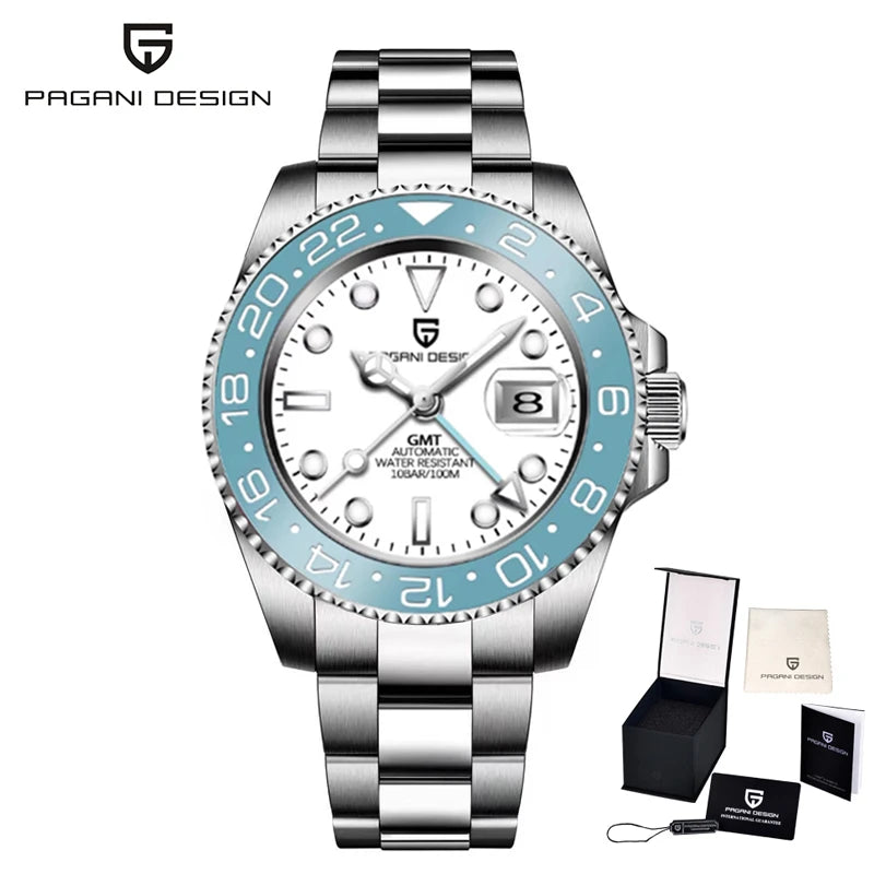 Relógio mecânico para homem Pagani Design GMT – Modelo de luxo com vidro de safira, caixa em aço inoxidável e luneta em cerâmica – Relógio automático para homem, estilo profissional