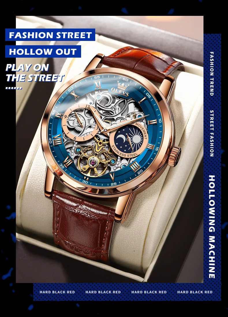 OLEVS Top Brand Men's Skeleton Mechanical Watch, Waterproof Leather Strap, Moon Phase, Automatic Tourbillon Wristwatch
