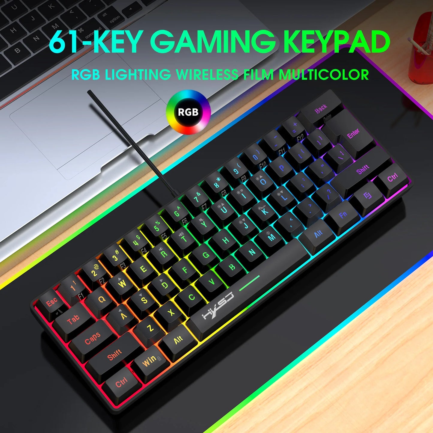 HXSJ-V700 60% RGB Backlit Gaming Keyboard, Compact 61-Key Mini Wired Office Keyboard with Ergonomic Design for office Home use