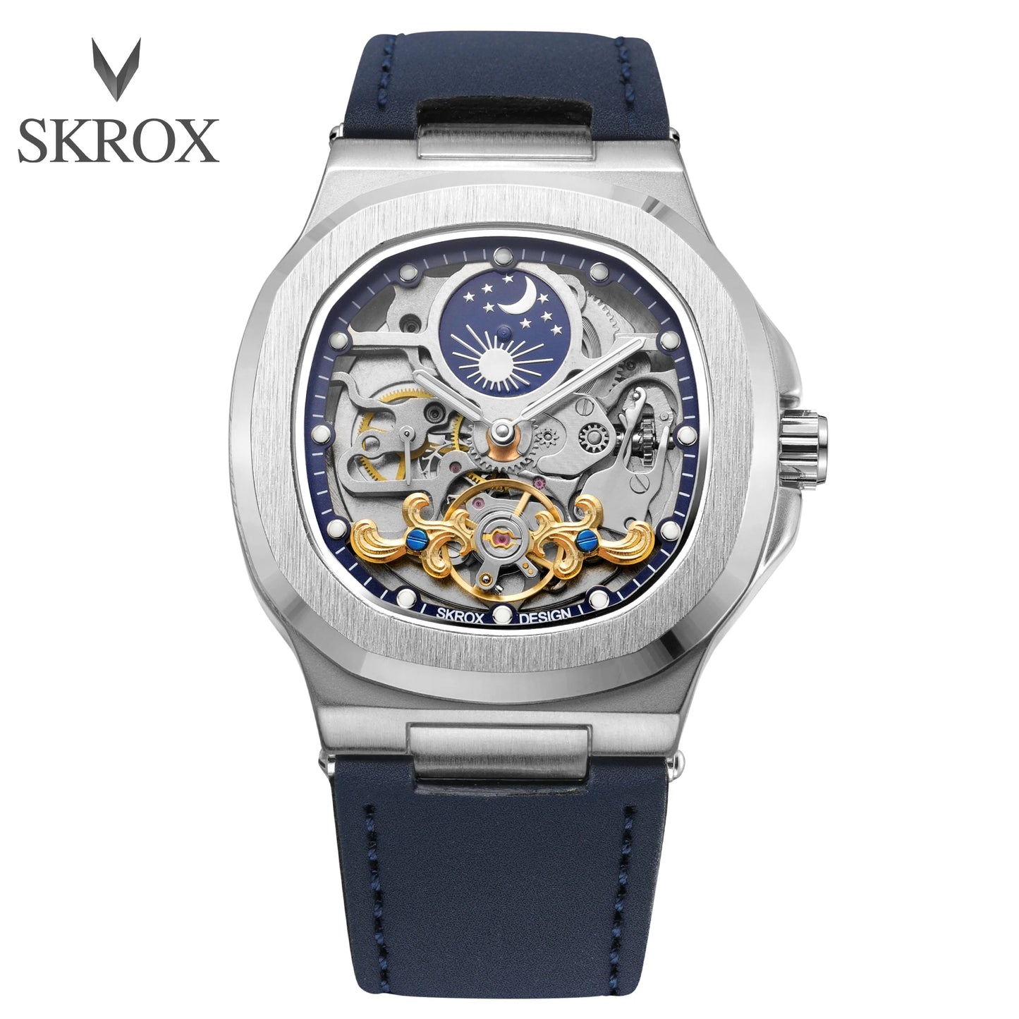 2025High-end Luxury SKROX Square Man Watch Sapphire Tourbillon Steel Skeleton Moon Phase Automatic Movement Leather Male Watches