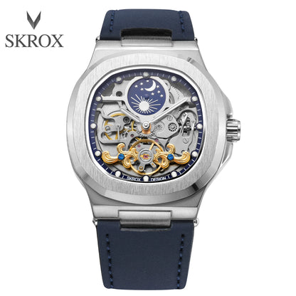 2025High-end Luxury SKROX Square Man Watch Sapphire Tourbillon Steel Skeleton Moon Phase Automatic Movement Leather Male Watches