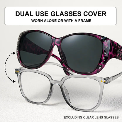 Sunglasögon med strass som passar över vanliga glasögon – Modesolglasögon som passar över – Glittrande, överdimensionerade, leopardmönstrade, fyrkantiga glasögon