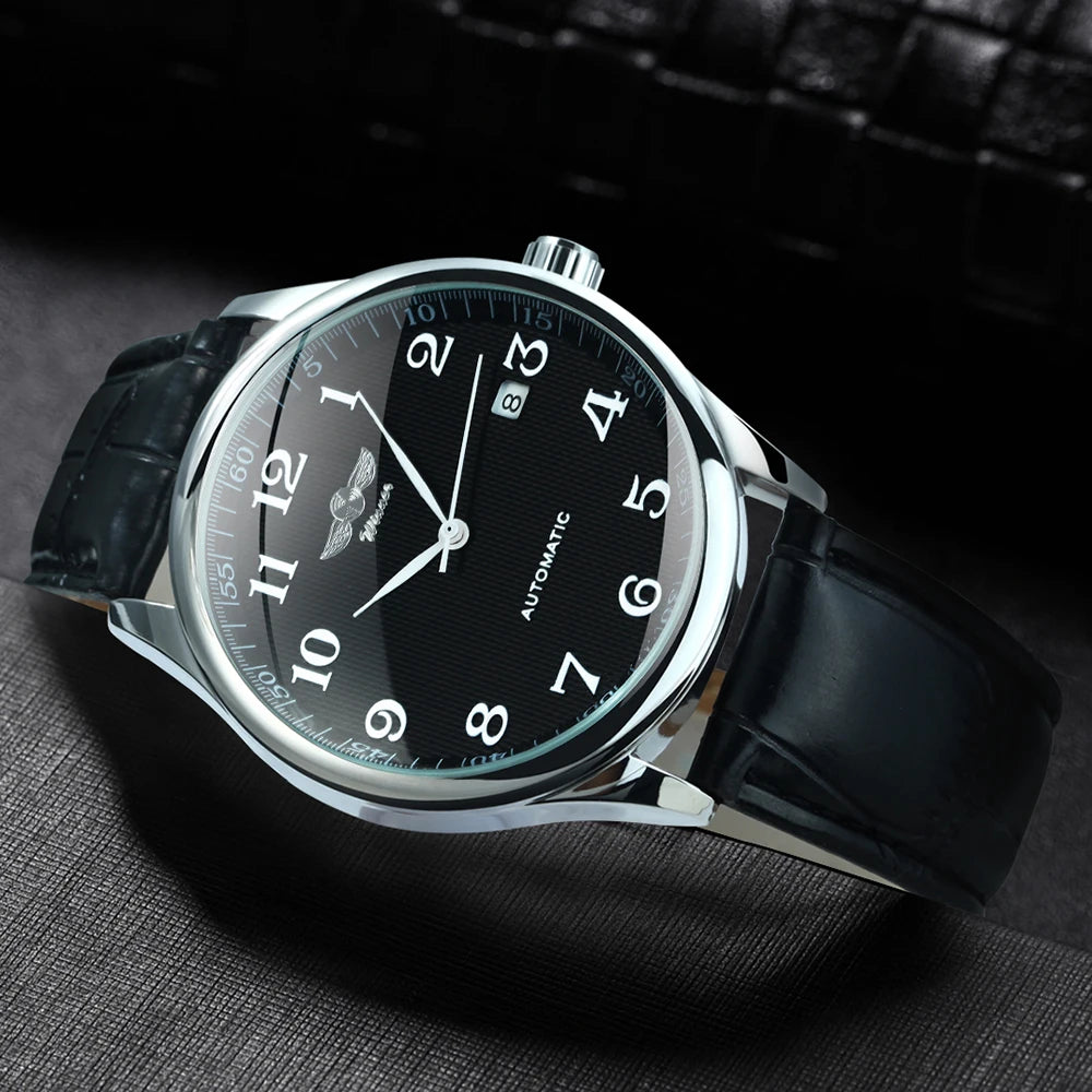 WINNER herreur – Klassisk, retro og elegant stil – Mekanisk automatisk ur med kalender – Luksusmærke, stålurkasse og læderrem