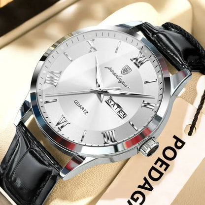 Relógio de homem na moda POEDAGAR, bracelete em pele, data e dia da semana, relógio de quartzo de luxo, estanque, luminoso, estilo business descontraído.