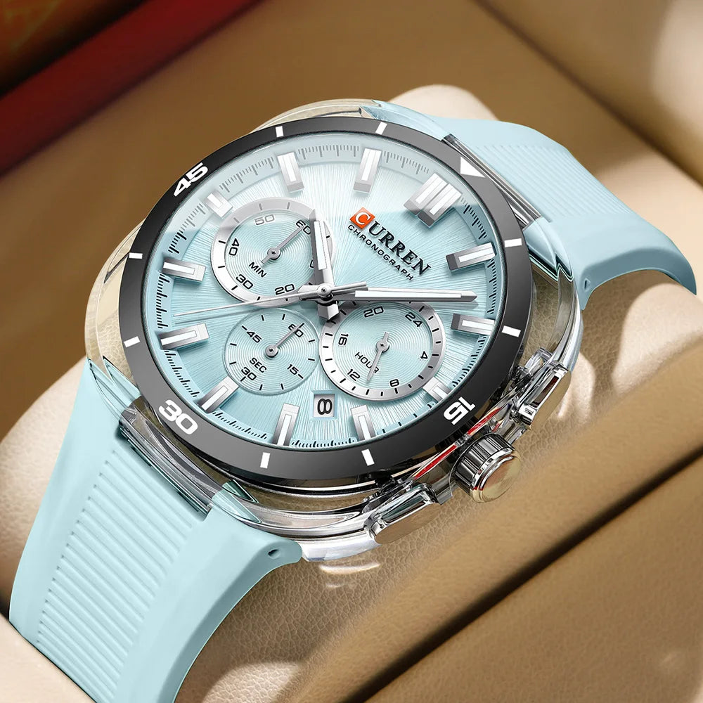 Relógio de homem CURREN – Novo modelo de luxo com movimento de quartzo, bracelete em silicone, estilo desportivo, multifunções, à prova de água, luminoso, com indicação da data e cronómetro.