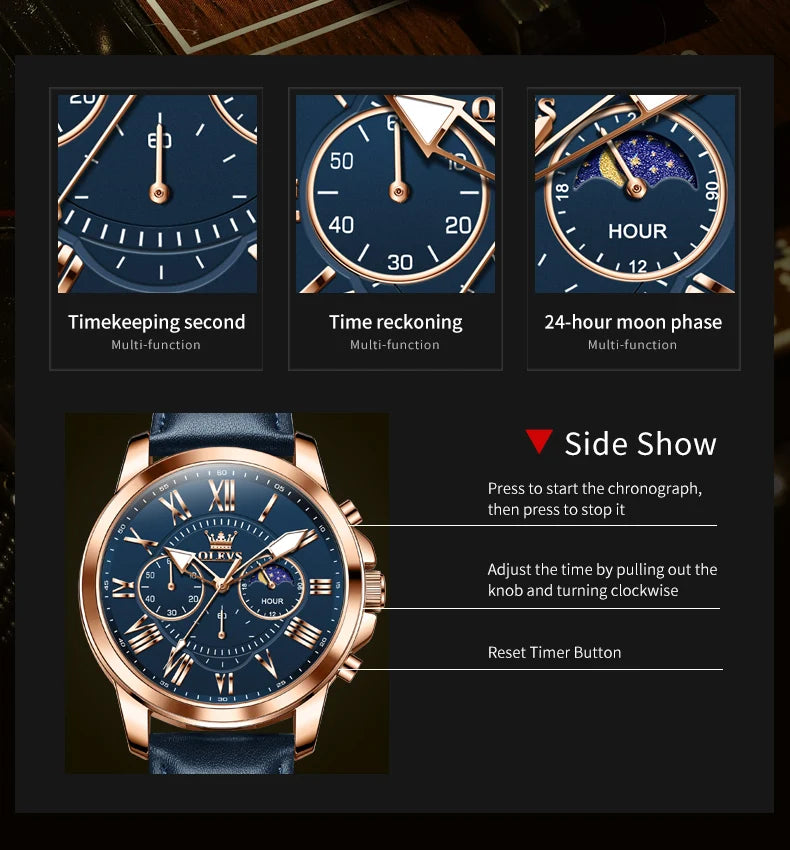 OLEVS 3632 Men Watch Elegant Luxury Sport Quartz Watch Scale Waterproof Luminous Automatic Date Moon Belt Watch Gifts Original