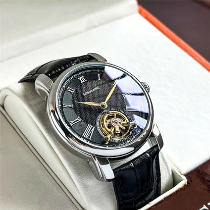 Relógio mecânico automático para homem – Design elegante com aberturas, estilo «business casual» na moda, caixa em liga e bracelete em pele, sem pilha