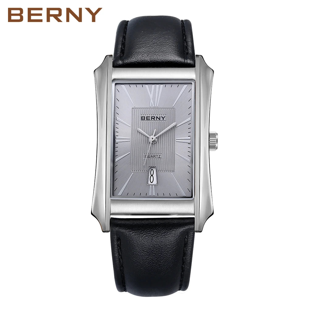 BERNY Watch for Men Rectangle Japan Quartz Wristwatch Waterproof Business Rectangular Dress Male Clock Top Genuine Leather Strap