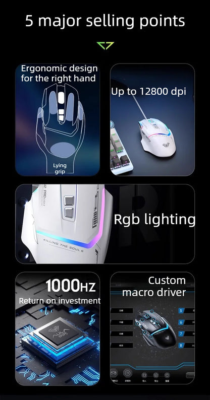 Hot Sale AULA S12 Pro Wired Gaming Mouse 12800 DPI RGB Backlit 8 Programmable Buttons Ergonomic Game Mouse for PC Laptop