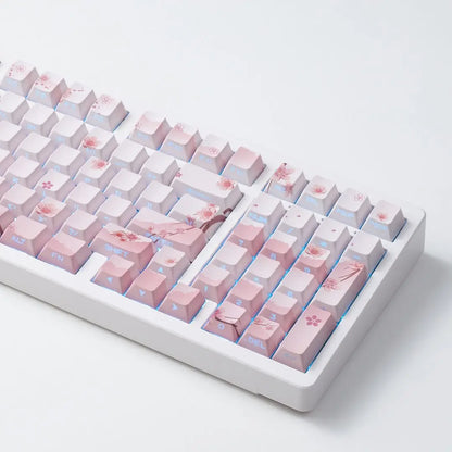 Set di keycap Sakura Pink con incisione laterale, PBT traslucido, 127 tasti, per switch MX e tastiere meccaniche 60/84/90/104/108