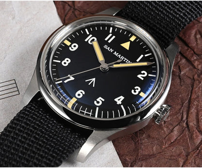 San Martin 36mm Men Pilot Watch VH31 Mechaquartz Movement Sweep Second Quartz Series Simple Style Nylon Strap 10 Bar Luminous