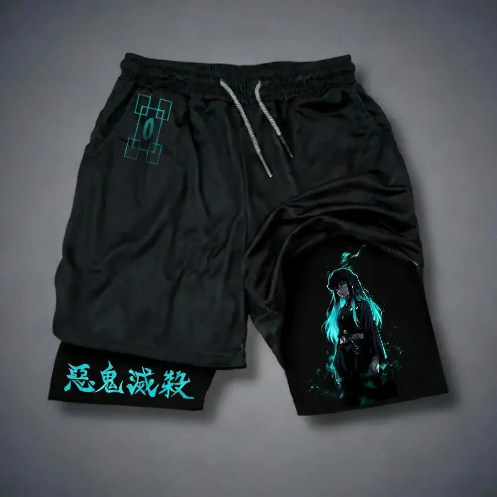 Pantaloncini da palestra da uomo Anime Demon Slayer ad asciugatura rapida, pantaloncini doppio strato 2 in 1, sportswear Y2K estate 2026, streetwear traspirante