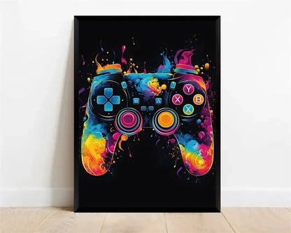 Pop-Neon-Poster mit Videospiel-Charakter, Gamepad, Kopfhörern, Fußball und Basketball – Leinwanddruck, Wandkunst-Dekor für das Gaming-Zimmer
